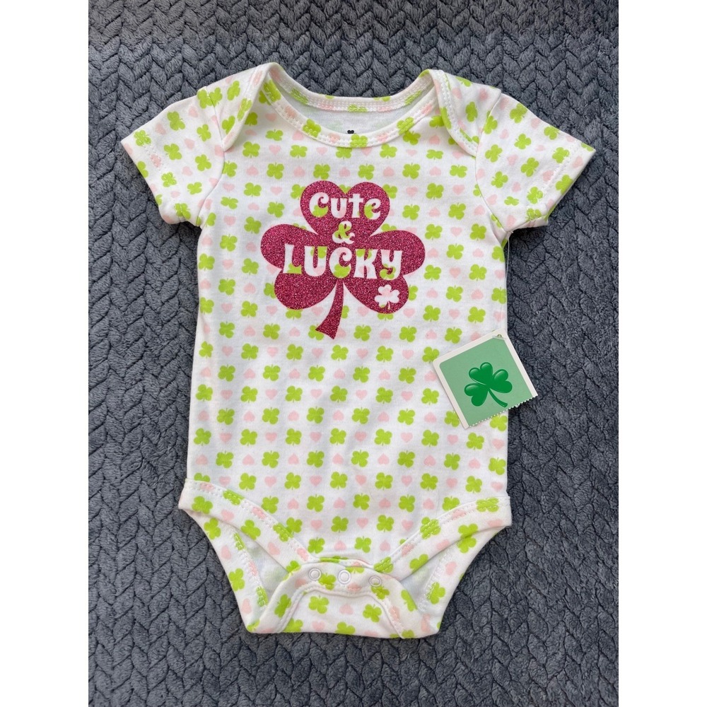 Cute & Lucky Baby Girls White Way to Celebrate Bodysuit Shamrock Glitter 0-3M